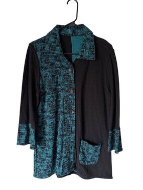 Parsley & Sage Cardigan Size Large Reversible Button-Up Black Blue Lagenlook